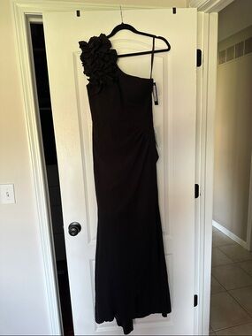 Xscape Black One-Shoulder Evening Gown with Floral Ruffle
